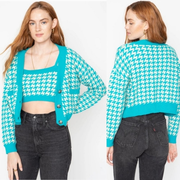 Callahan 2-piece Set Cropped Cardigan Sweater + Tank in Blue Houndstooth Pattern - Picture 2 of 6